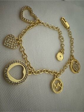 Michael Kors Gold Heart Charm Link Bracelet with Crystal Accents